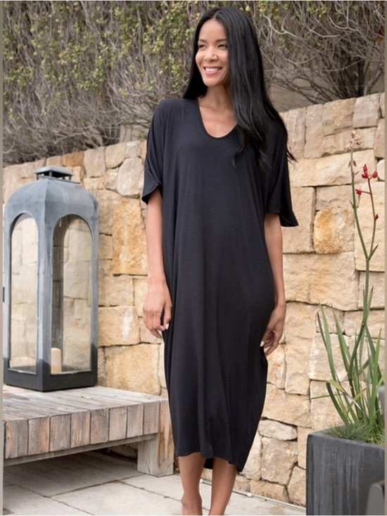 Barefoot Dreams Dresses & Skirts - Barefoot Dreams Luxe Milk Jersey Caftan Dress Black Nightgown Oversized One Size